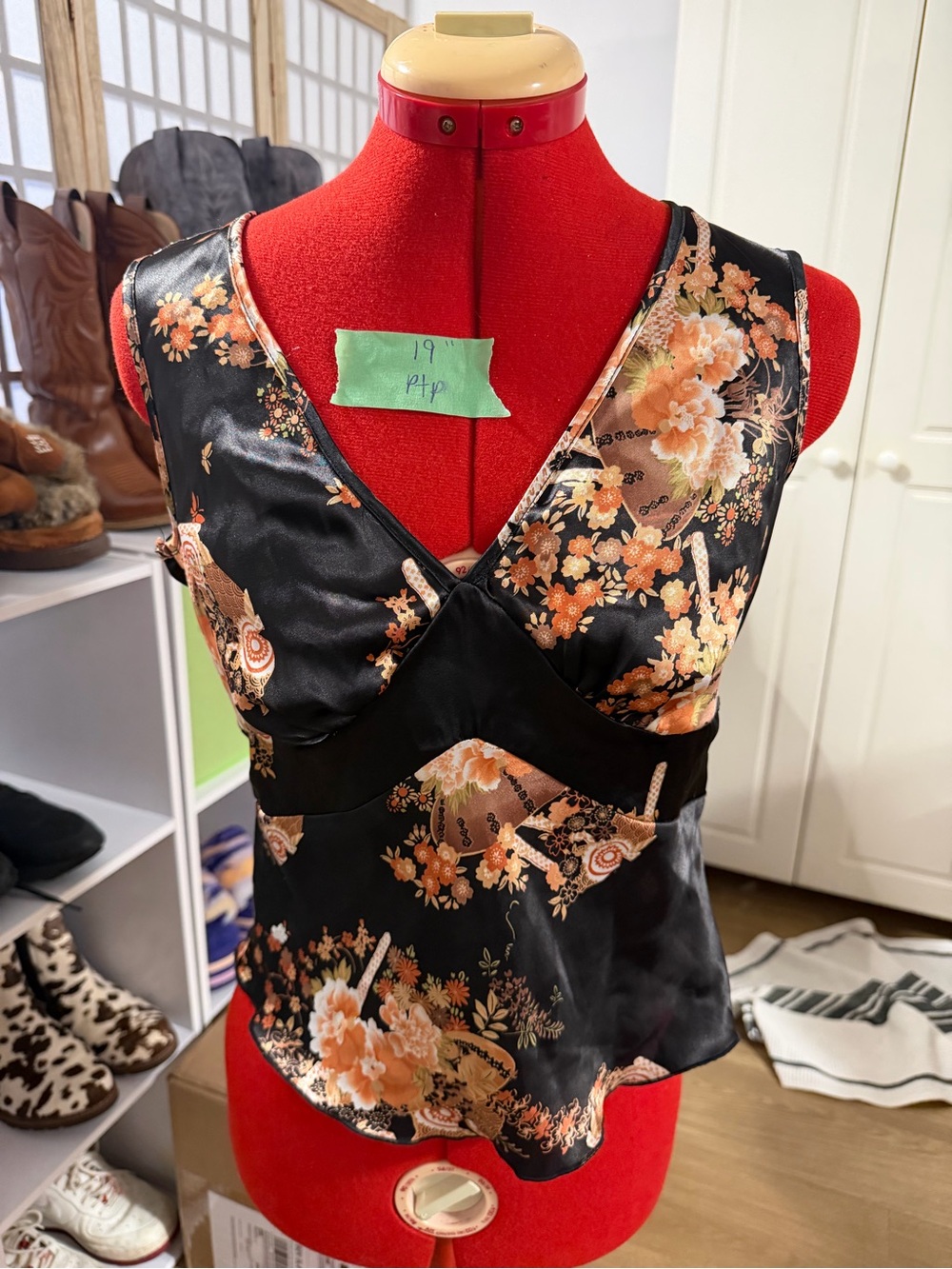 Floral Satin V-Neck Camisole in Black and Peach